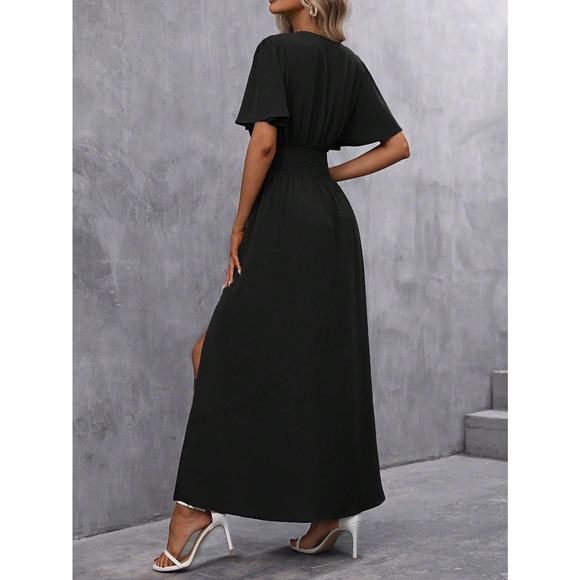 v neck Butterfly Sleeve Split Thigh maxi Dress black - Picture 2 of 11